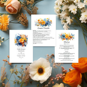 Blue, Orange and Yellow Floral Wedding Invitation