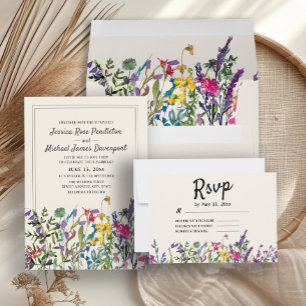 Watercolor Wildflowers Cream Purple Wedding Invitation
