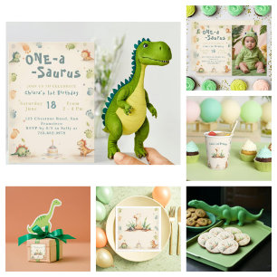 Trendy Watercolor One-a-Saurus First 1st Birthday Invitation