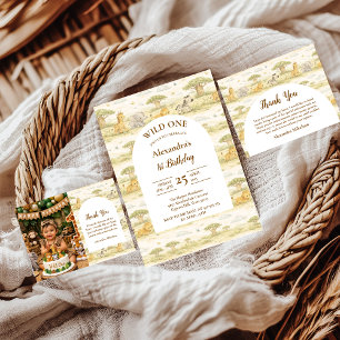 Cute Neutral Safari Animals First Birthday Invitation