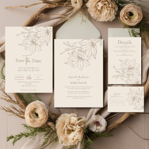 Elegant Modern Beige Lineart Floral Wedding All In One Invitation