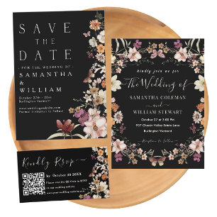 Elegant Black Boho Wildflower Modern Wedding Invitation