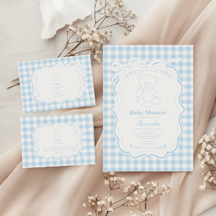 Cute Gingham French Teddy Bear Baby Shower Invitation