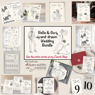 Hand drawn couple Wedding Dinner Menu Postcard