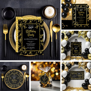 Elegant Black Gold Butterflies 60th Birthday Party Banner