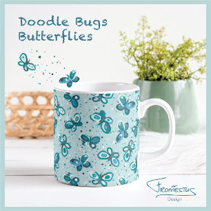Doodle Bugs Butterflies - blue - seamless pattern. Coffee Mug
