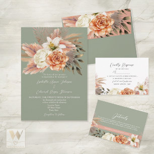 Sage Green and Peach Floral Wedding Invitation