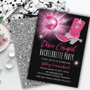 Faux Glitter Pink Disco Cowgirl Bachelorette Party Invitation