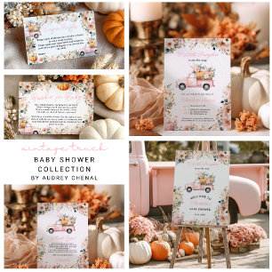 Little Pumpkin Pink Truck Fall Floral Baby Shower Invitation
