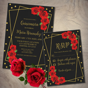 Red Rose Black and Gold Quinceañera RSVP Card