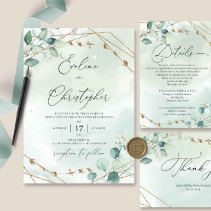 Greenery Foliage Eucalyptus Gold Frame Wedding Invitation