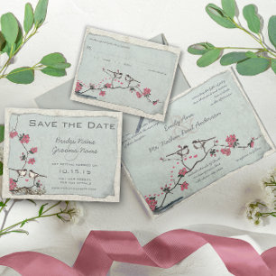 Vintage Cherry Blossom Love BIrd Peach Mint Invitation
