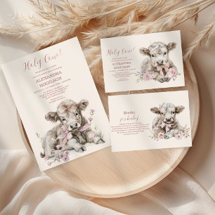 Pink Girl Floral Highland Cow Baby Shower  Invitation