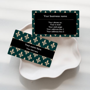 Fleur de Lis Pattern, French, Royal, Cream, Green Business Card