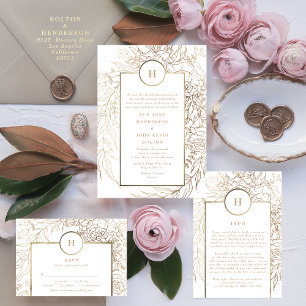 White Elegant Gold Monogram Wreath Wedding RSVP Card