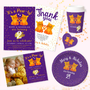 Twin Birthday Or Joint Party Kittens Purple Photo  Invitation