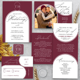 Elegant Calligraphy Burgundy Monogrammed Wedding Invitation