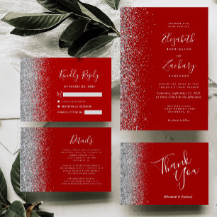 Modern Crimson Red Silver Glitter Edge Wedding Invitation