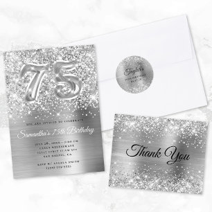 Glittery Silver Balloon Glam 75th Birthday Invitation