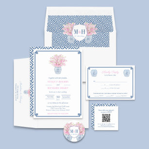 Chic Navy Blue And White Greek Key Wedding QR Code Enclosure Card