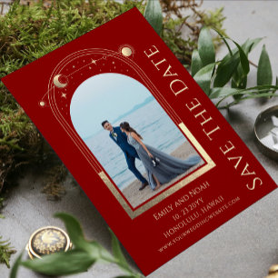 Mystical Dark Red Gold Celestial Wedding Invitation