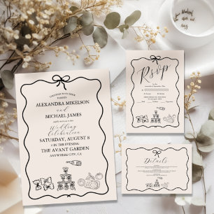 Black Wavy Whimsical Italian Doodle Wedding All In One Invitation