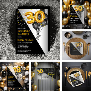 Balloons Elegant Black   Gold 30th Birthday Party Invitation