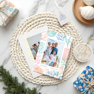 Coastal Blue Christmas Watercolor Seashell Pattern Wrapping Paper
