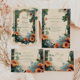 Olive & Orange Wedding Vintage Art Nouveau Floral Save The Date