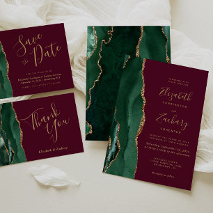 Chic Emerald Green Gold Agate Burgundy Wedding Invitation