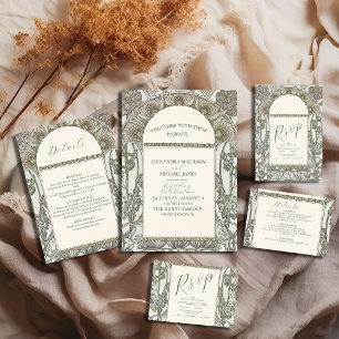 Bougainvillea Green Art Nouveau Mucha Wedding Invitation