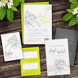 Lemon citrus blossom pencil sketch yellow wedding invitation