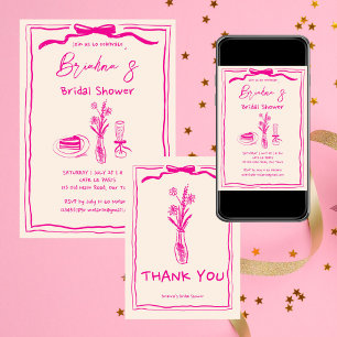 Handdrawn scribble retro pink ribbon bridal shower thank you card