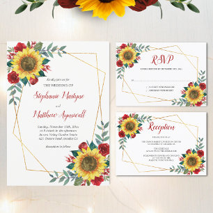 Geometric Sunflower Red Roses Floral Wedding Invitation
