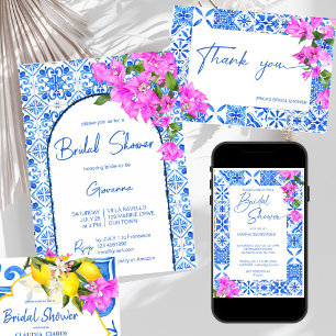 Blue Tiles and Bougainvillea elegant Mediterranean Invitation