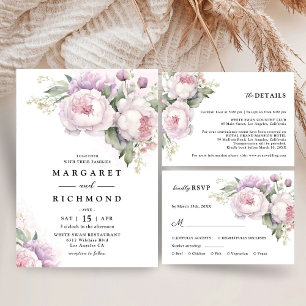 Dusty Purple Peony Elegant Watercolor Wedding Invitation