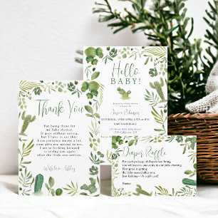 Boho cactus green gender neutral hello baby shower invitation