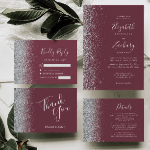 Modern Dark Burgundy Silver Glitter Edge Wedding Invitation