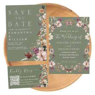 Pastel Boho Wildflower Rustic Sage Green Wedding Invitation