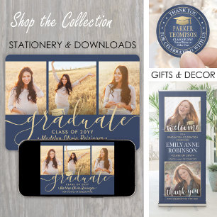 4 Photo Graduation Collage Script Navy Blue & Gold Announcement