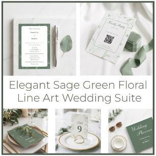 Elegant Sage Green Floral Line Art QR Code Wedding RSVP Card