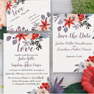 Boho Coral Navy Grey Chevron Typography Wedding Invitation
