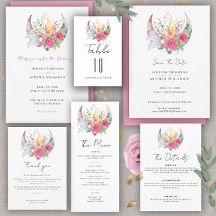 Boho Moon Crystals Feathers Pink Flowers Wedding  Save The Date