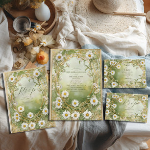 Daisies Art Nouveau Ivory Green Wedding All In One Invitation