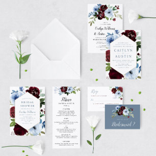 burgundy dusty blue floral geometric wedding invitation
