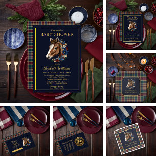 Preppy Equestrian Foal Floral   Plaid Baby Shower Invitation