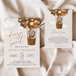 Cute Bear, Brown Balloons, First Birthday Invitation