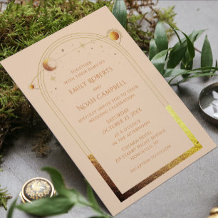Celestial Champagne Gold Sun Moon Stars Wedding All In One Invitation