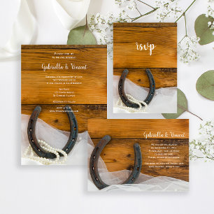 Horseshoe, Pearls and Barn Wood Country Wedding Magnetic Invitation