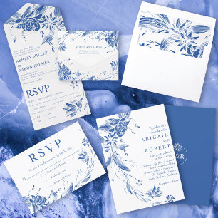 Blue and white floral garland wedding invitation